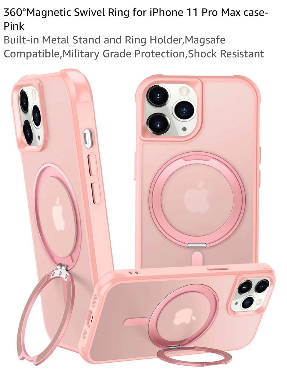 📱Pink MagSafe-Compatible iPhone 11 Pro Max  Ring Case with 360° Swivel Stand